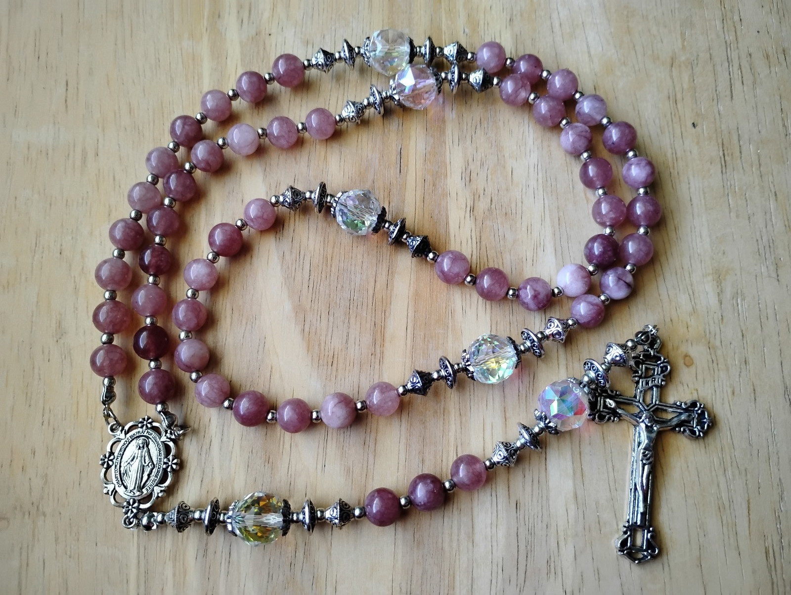 Pink Opal & Crystal Rosary Beads Gemstone 8mm 10mm Silver Miraculous medal lot