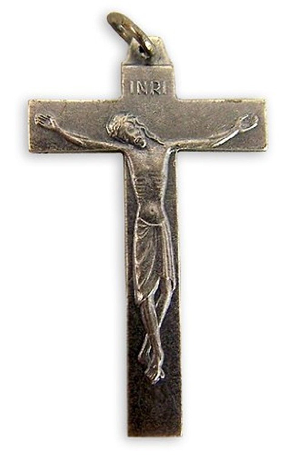 Silver Tone INRI Thin Cross Crucifix Pendant, 1 1/2 Inch