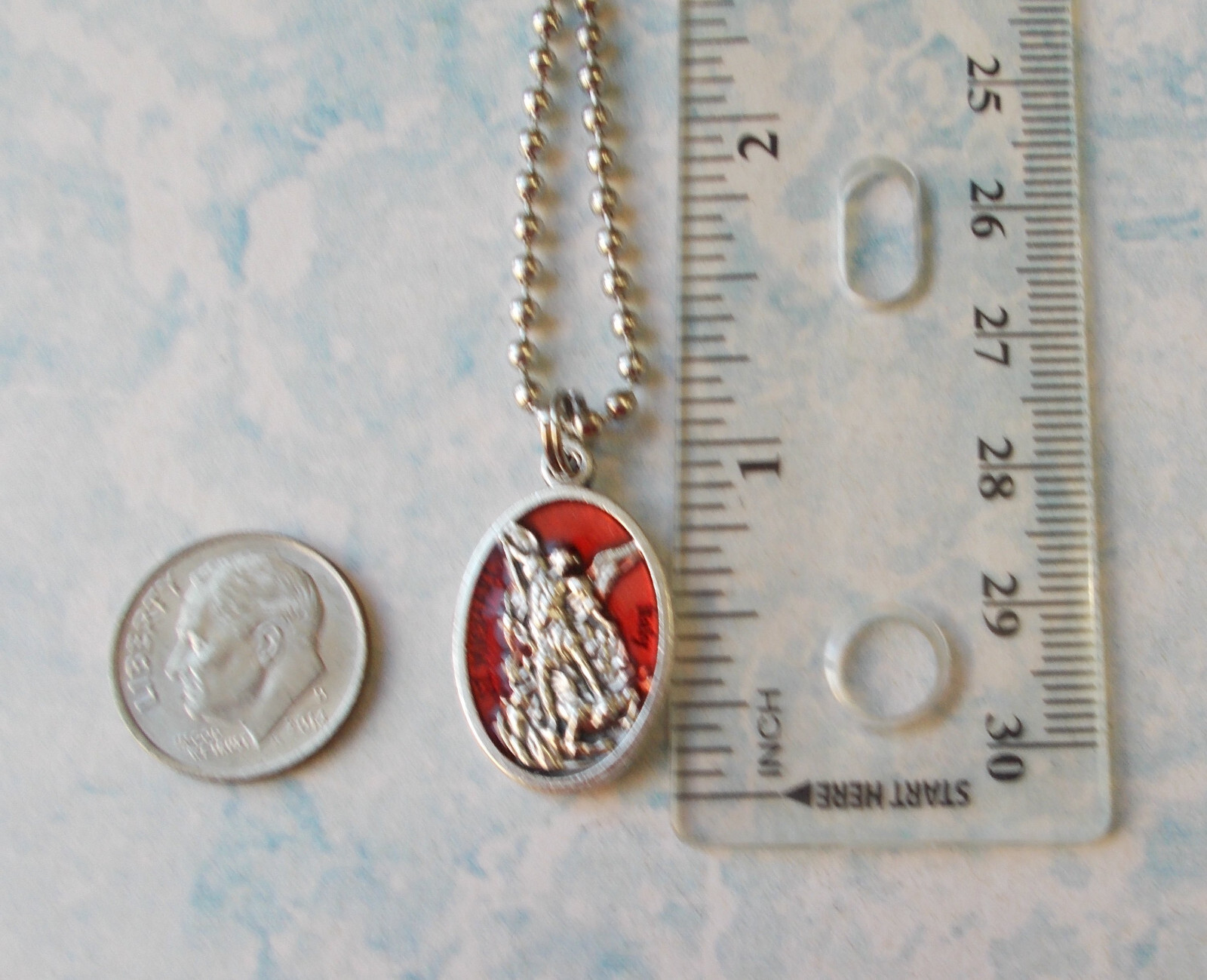St Michael Archangel /Guardian Angel Medal w/ Red Enamel Necklace 24″ Ball Chain