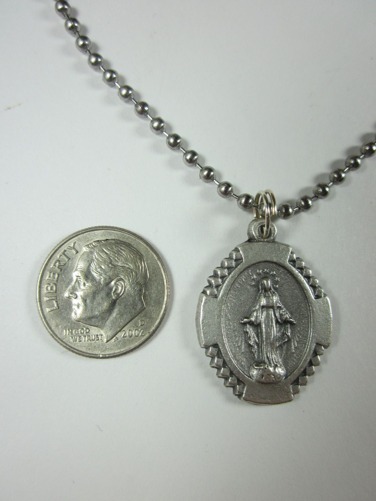 Bordered Miraculous Medal Italy Pendant Necklace 24″ Stainless Steel Ball Chain