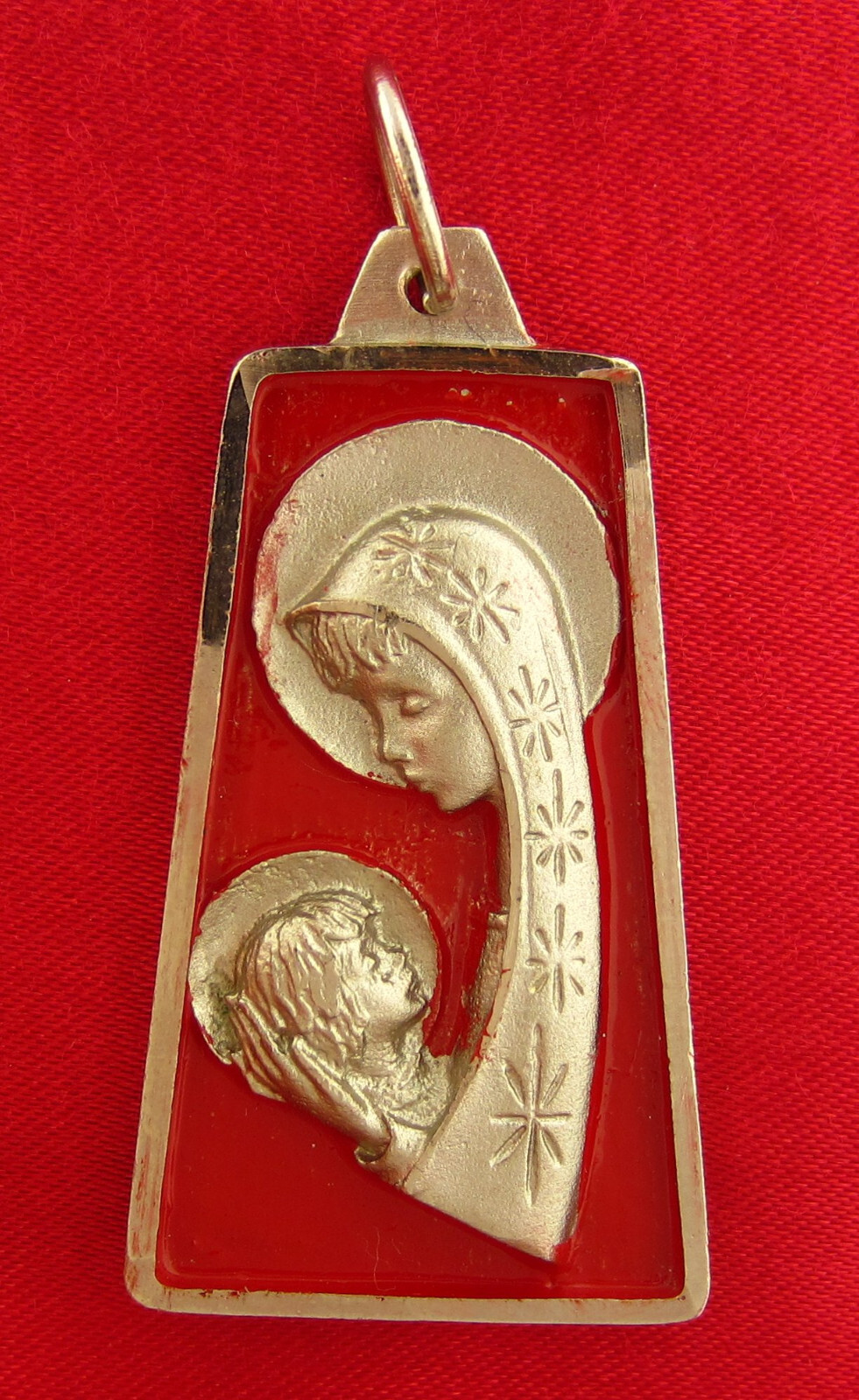 Vintage MARY JESUS Medal RED ENAMEL Religious Catholic Silvertone Pendant LARGE