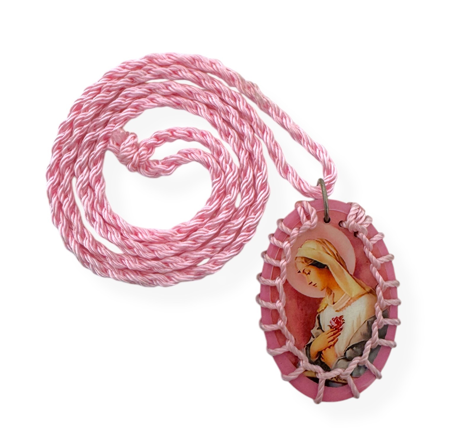 Mystical Rose Virgin Pink Wood Oval Scapular Necklace Escapulario Rosa Mistica