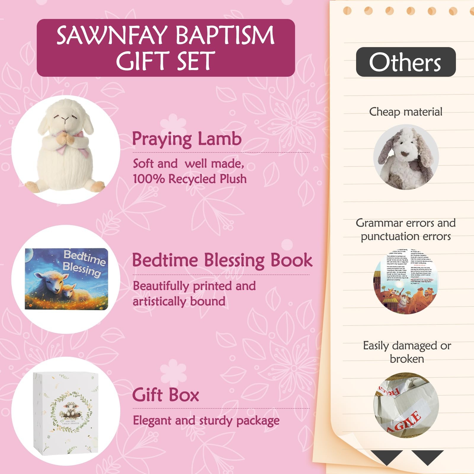 Sawnfay Baptism Gifts for Girls and Newborn Baby, Christening Set, Pink