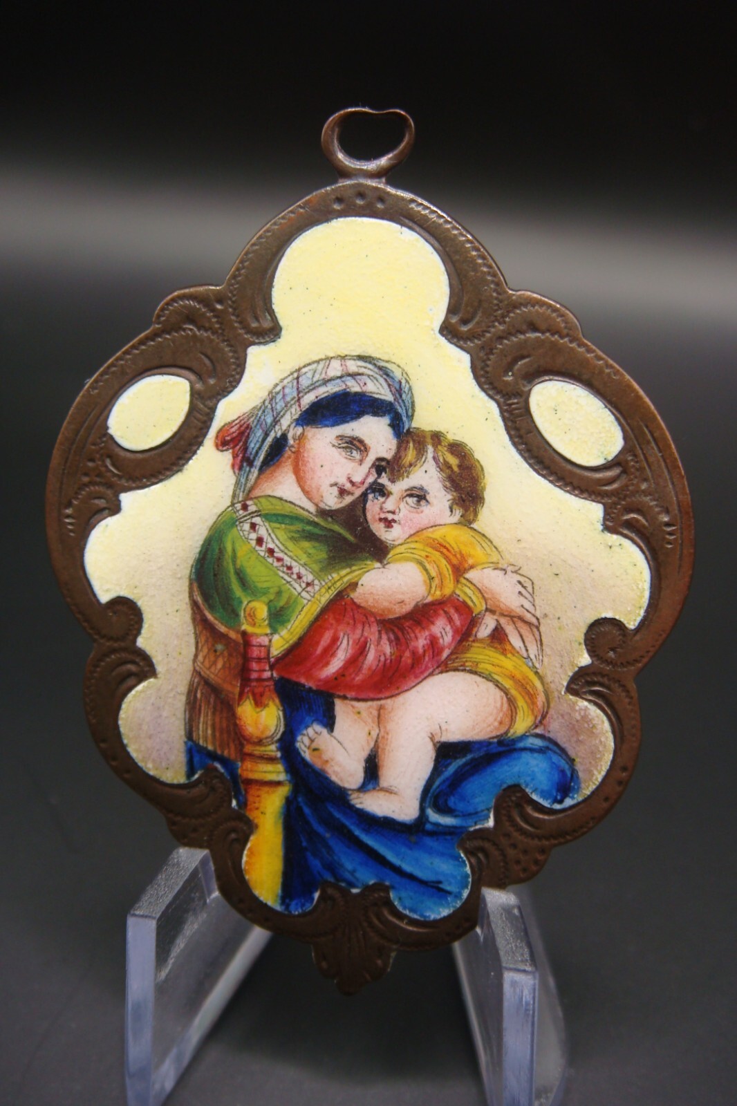 Rare Antique Virgin Mary Mater Dei Ora Pro Nobis Enamel Holy Icon Medal Pendant