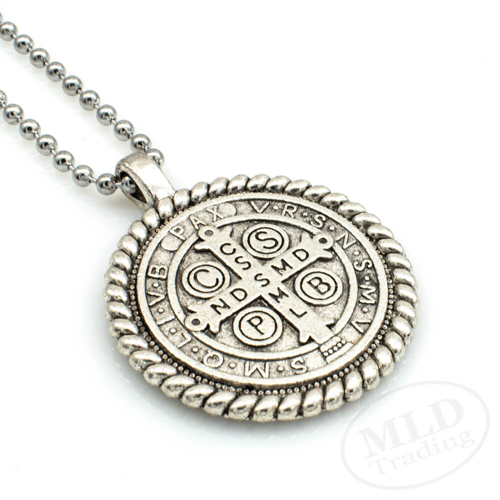 Knot Border Saint St Benedict Medal Pendant Necklace 24″ Ball Chain Silver Tone