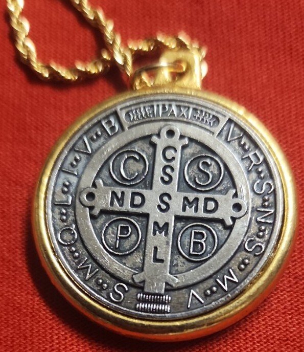 Saint St Benedict Medal Silver And Gold Pendant Necklace w 24″ Gold Plated Chain