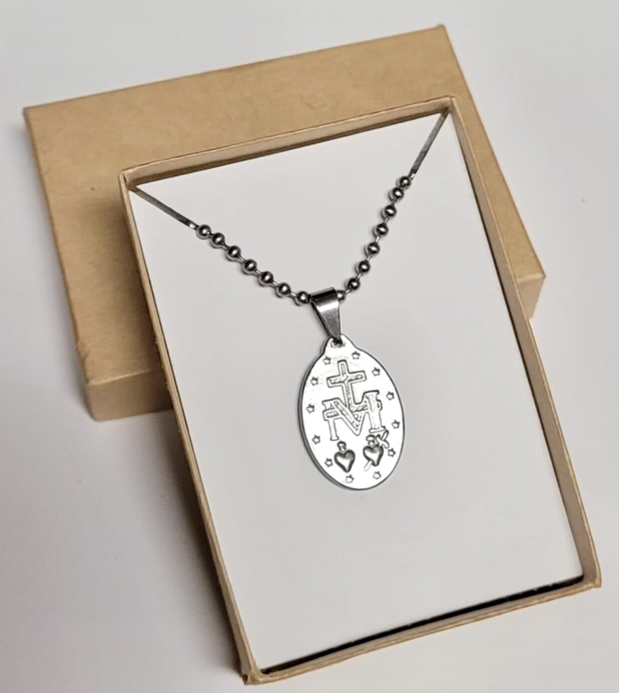 FRENCH STERLING SILVER MIRACULOUS MEDAL PENDANT W/STAINLESS STEEL 30” BALL CHAIN