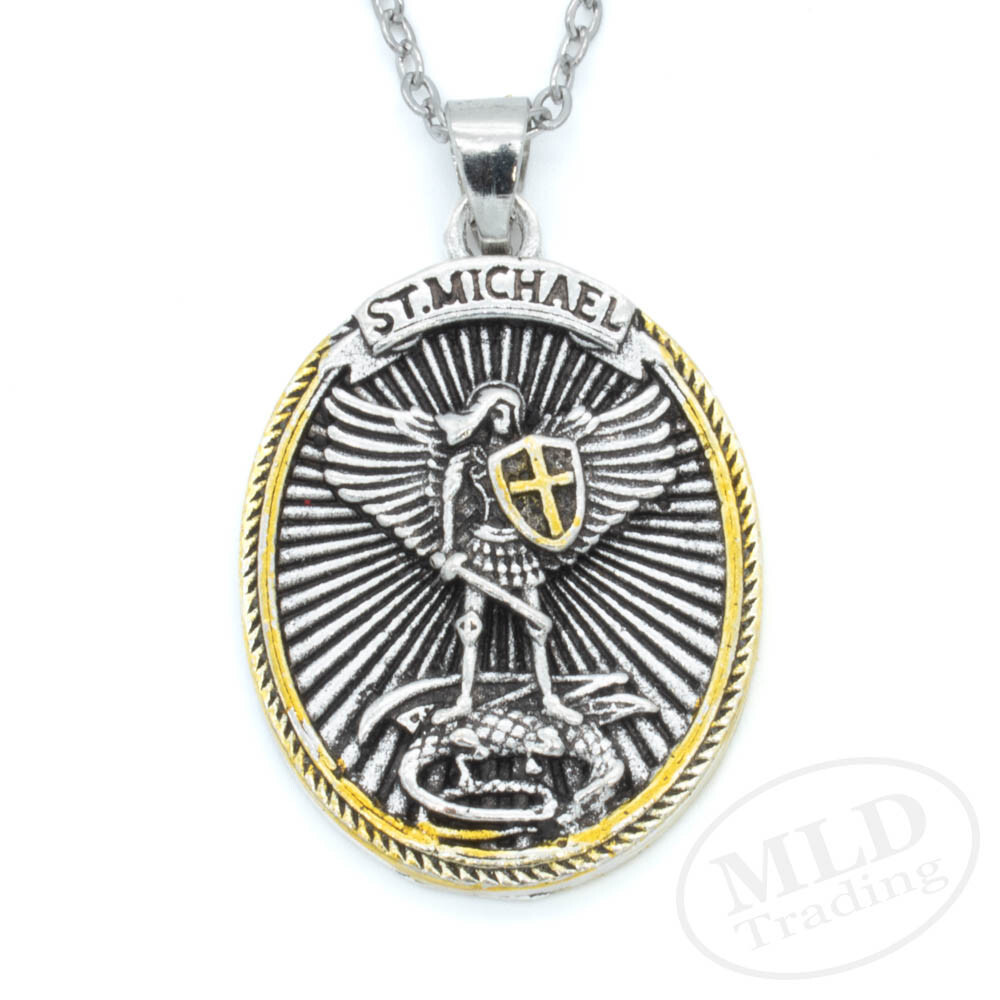 Saint St Michael Pendant Necklace, Oval Silver-Gold, 18″ Chain, Ephesians 6:10