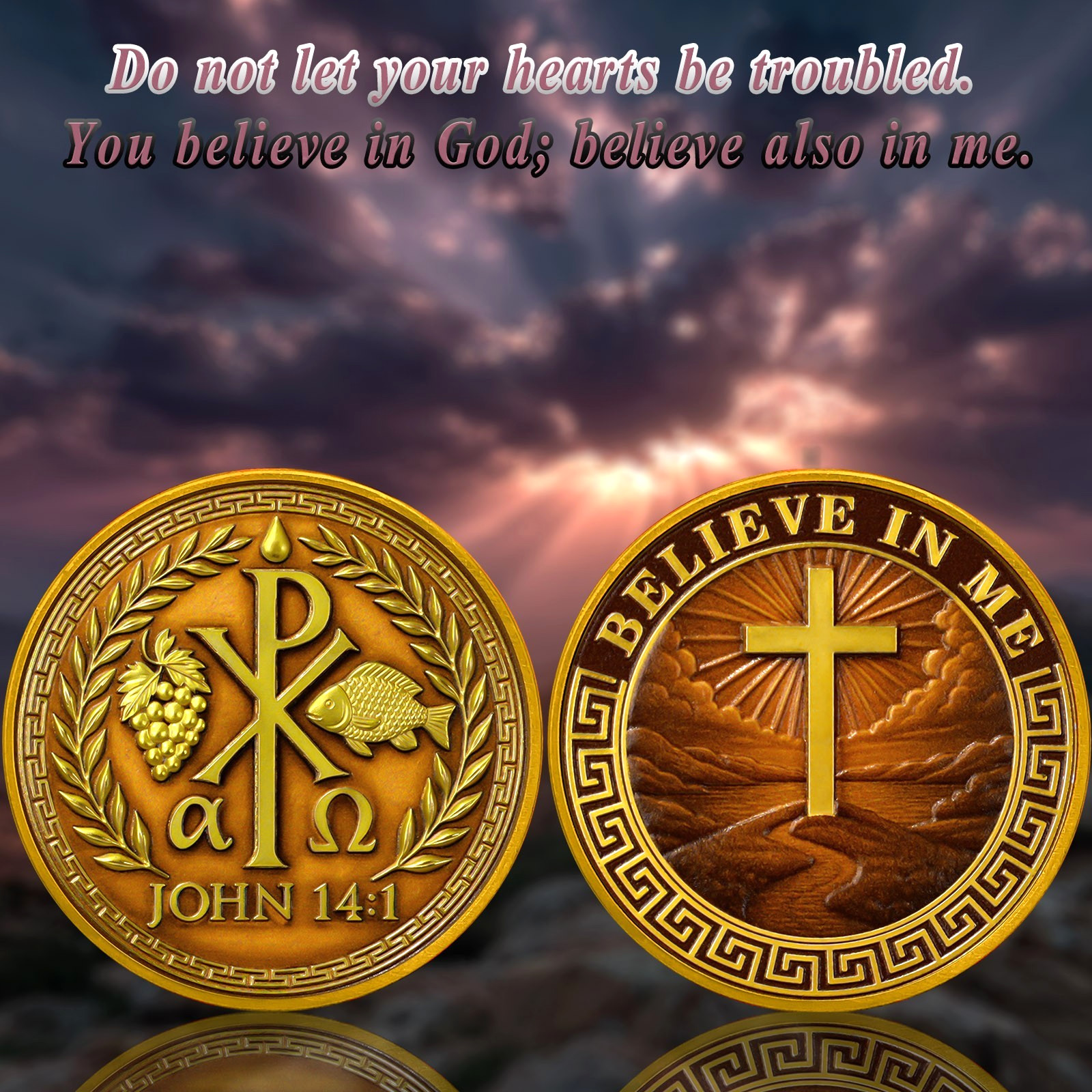 5pc Christian Challenge Coin – Chi Rho Alpha Omega John 14:1 Believe in Me Token
