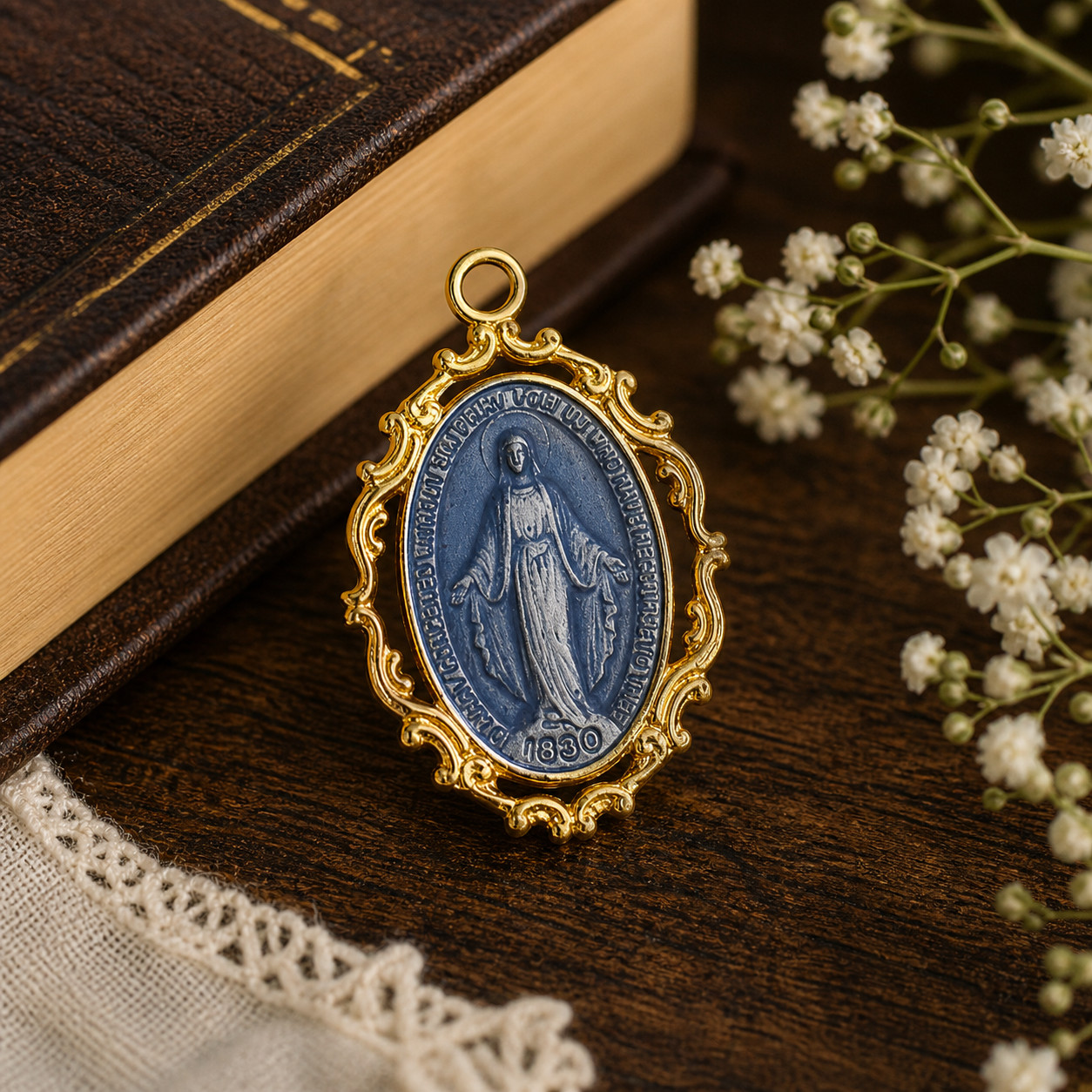 Gold Plated Sterling Silver Medal Miraculous Mary Blue Epoxy Pendant With Chain