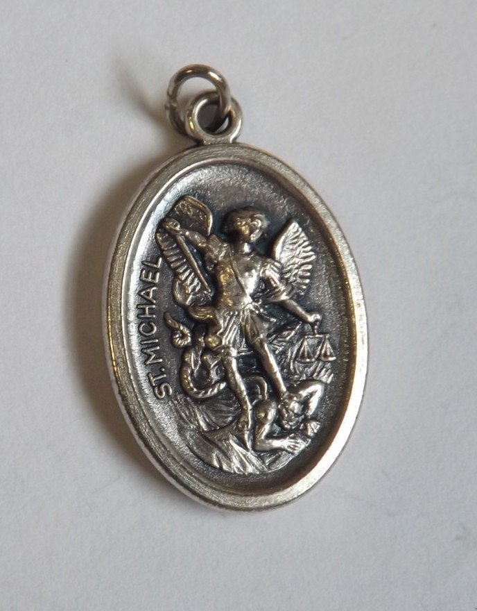 * Oval pendant medal Guardian Angel St Saint Michael Archangel killing the devil