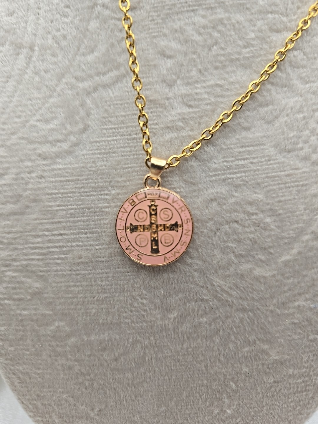 Pink Saint Benedict Medal Necklace 20″ Gold Plated Stainless Steel Catholic Gift