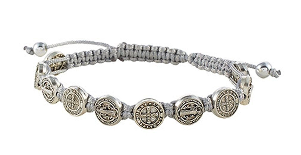 Gray Saint St Benedict Medal on Adjustable Cord Bracelet, 8 Inch