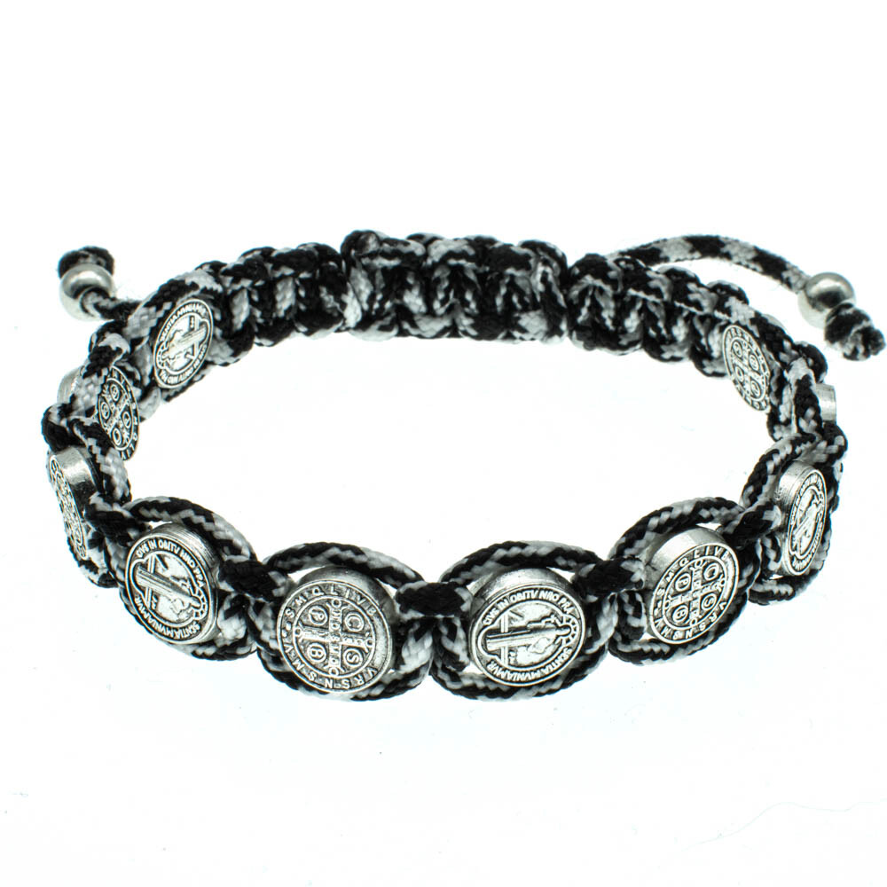 Black And Gray Saint St Benedict Bracelet 8″ Adjustable Cord 10 Silver Medals