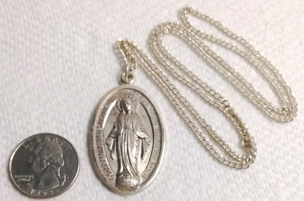 Antique Catholic 1 Ounce Sterling Silver Miraculous Virgin Mary Medal 24″ Chain