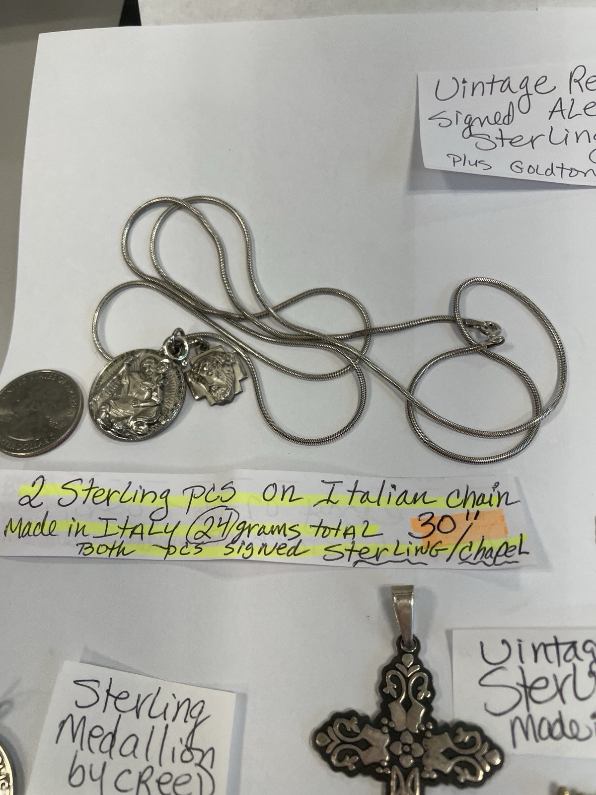 STERLING SILVER RELIGIOUS ITEMS VINTAGE CHAPEL, CREED, ALE(PANDORA?),DIFF.SAINTS