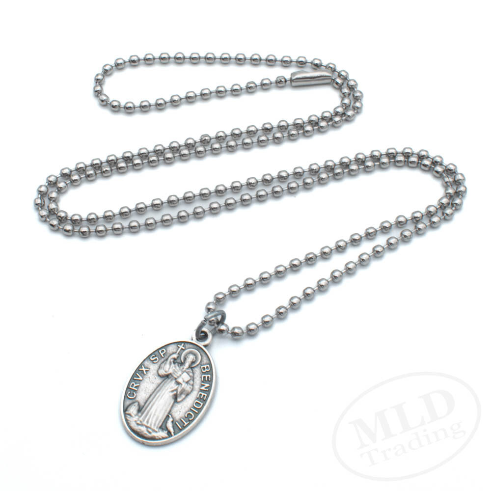Italian Saint Benedict Medal Pendant Necklace – Silver Zinc Alloy, 24″ Chain