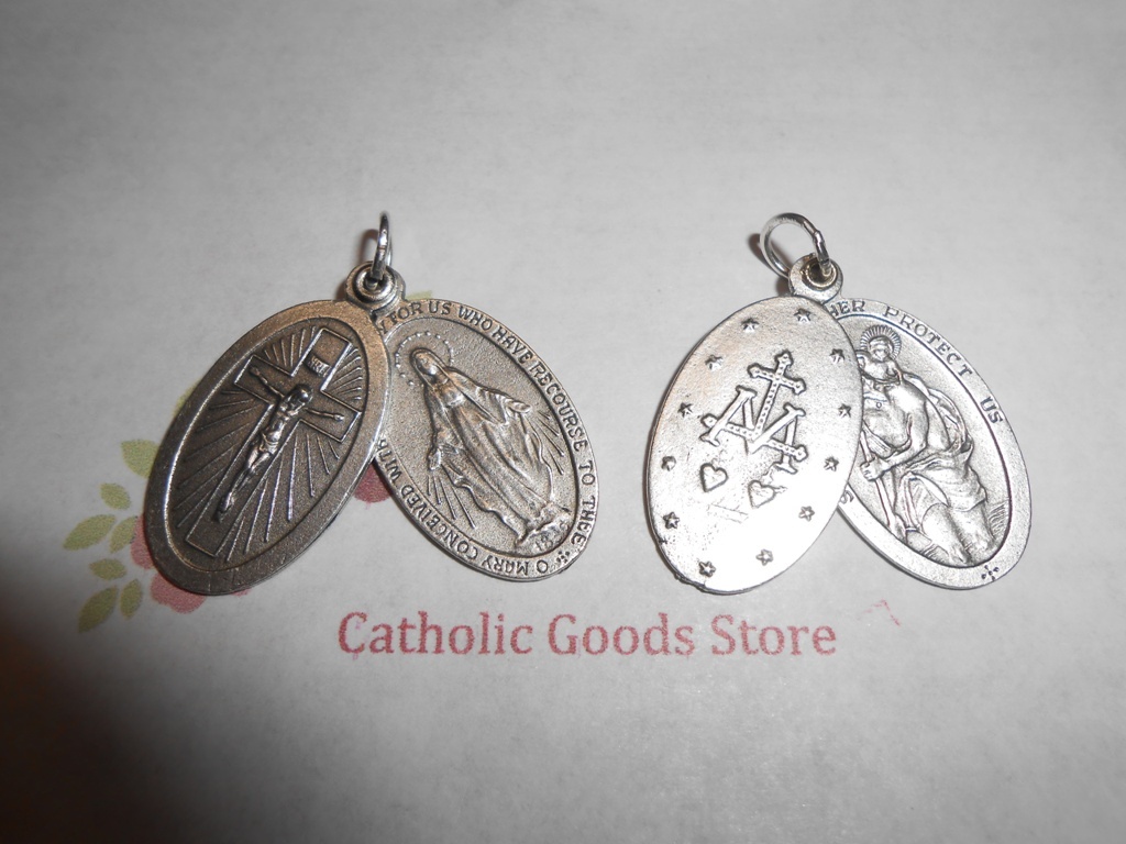 Large Miraculous – Crucifix – St Christopher 2-pc 1 1/8″ Ox Silver Tone Medal