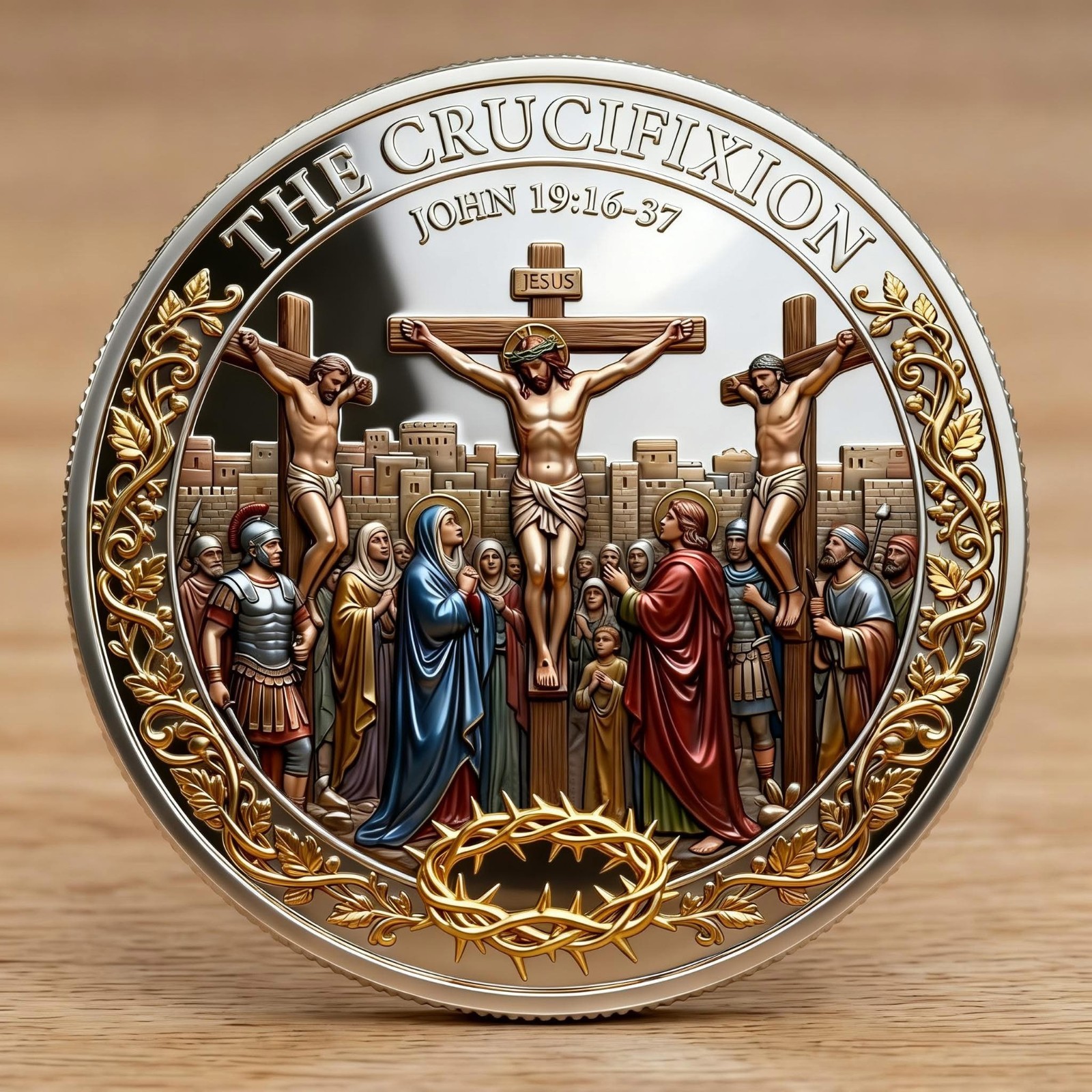 The Crucifixion of Jesus Gold Plated Coin John 19:16-37 Christian Challenge Toke
