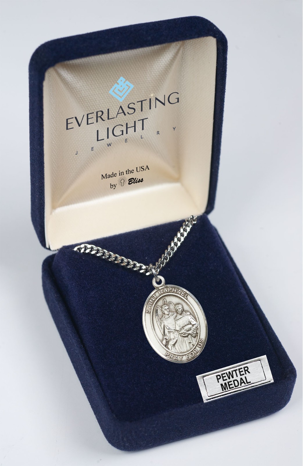 Pewter Saint Raphael the Archangel Oval Medal Pendant Necklace 24″ Chain GiftBox