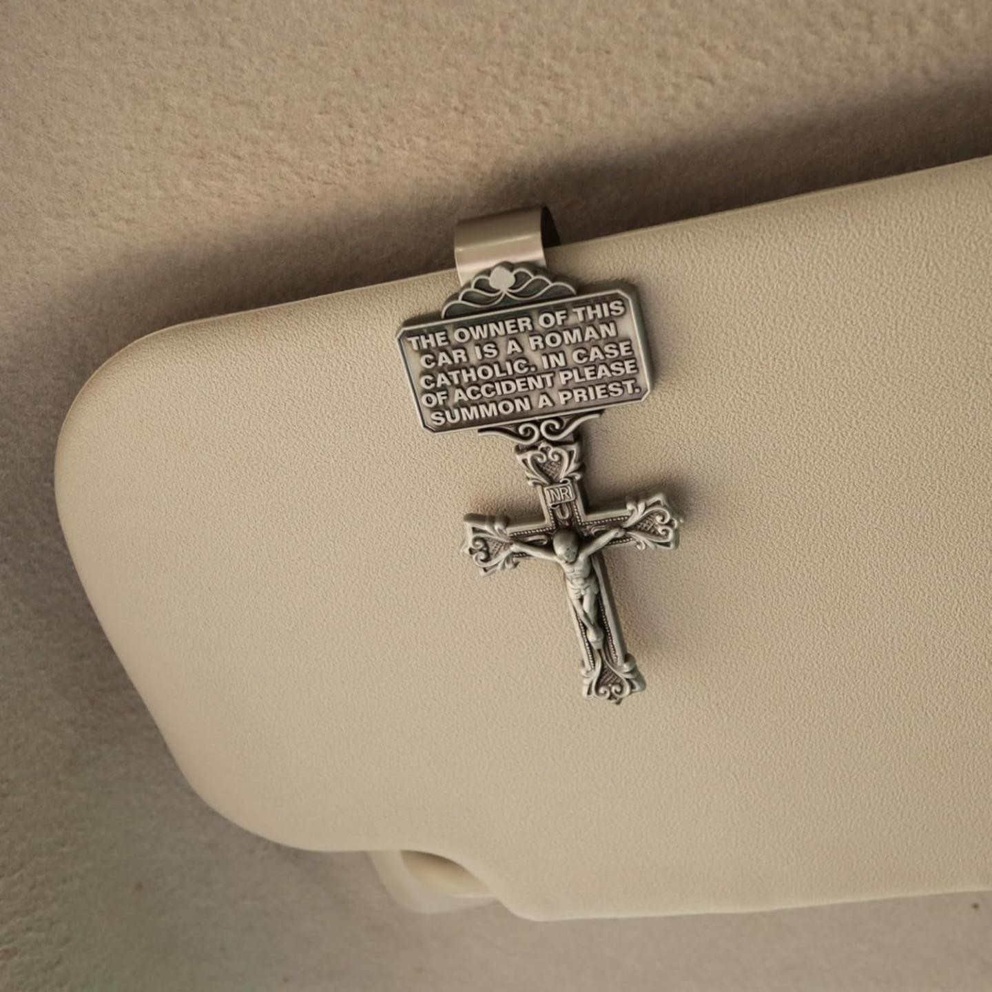 Needzo Catholic Visor Clip with Crucifix & Priest Message, 3 x 1.5 in Car Gift