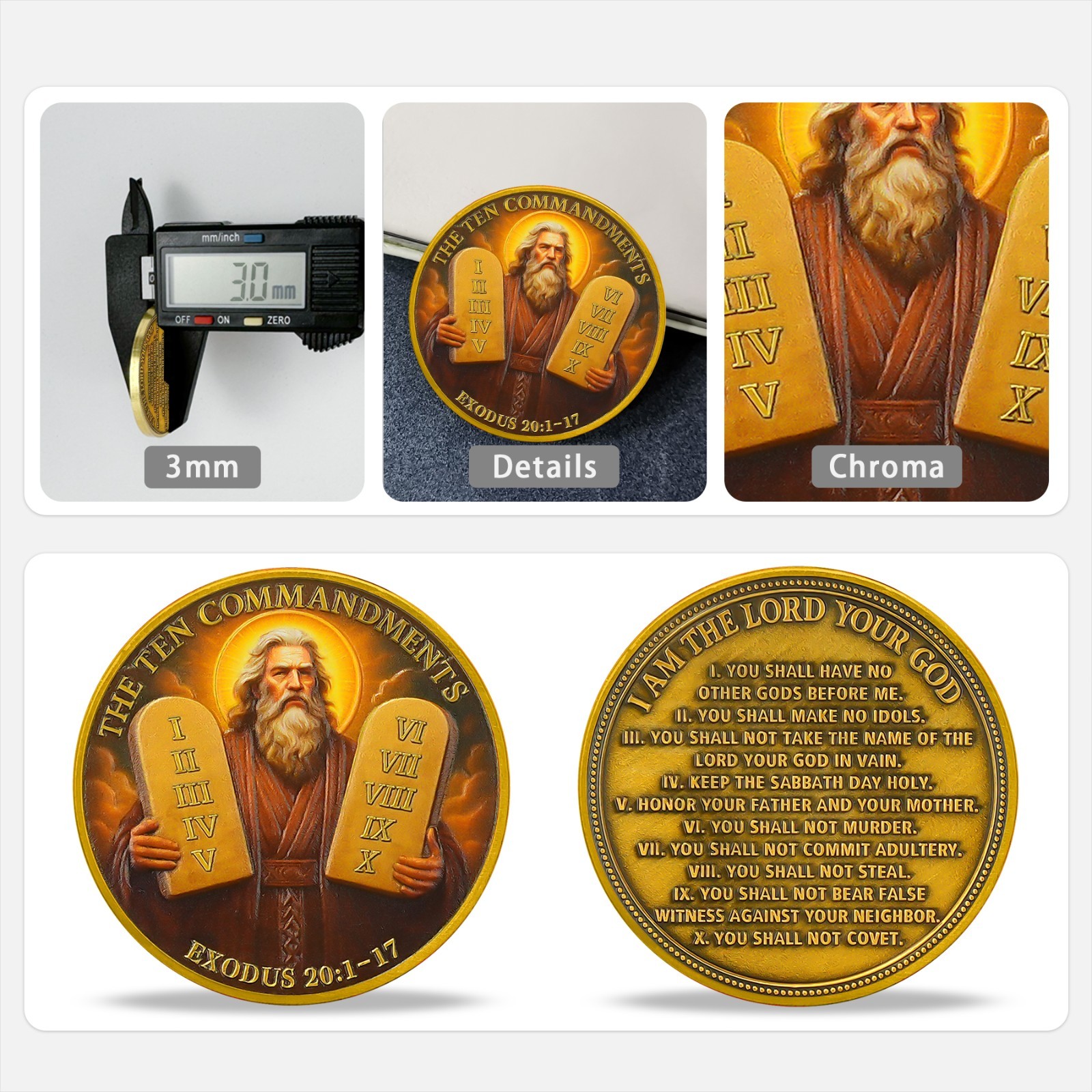 5pcs Christian Challenge Coin Ten Commandments Themed Exodus 20:1-17 Verse Coin