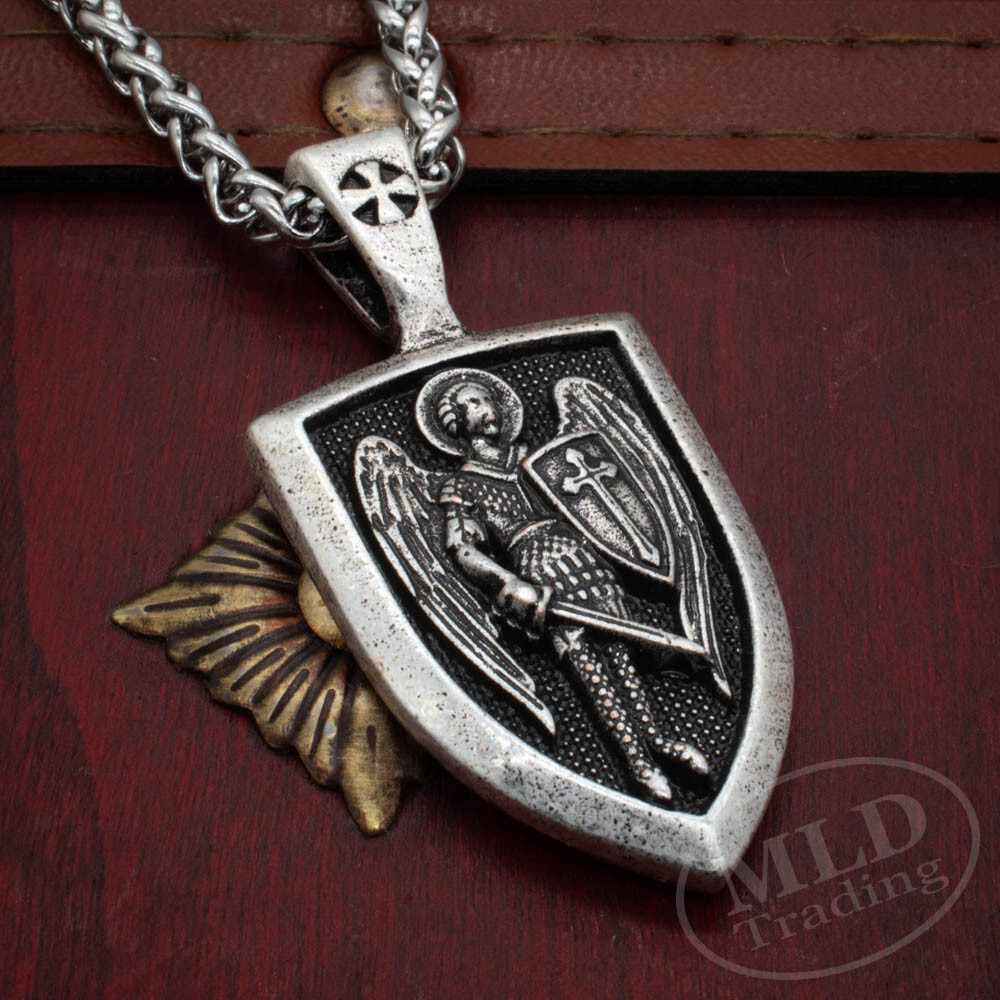 Saint St Michael Shield Medal Pendant Necklace, Silver Zinc Alloy, 24″ Chain