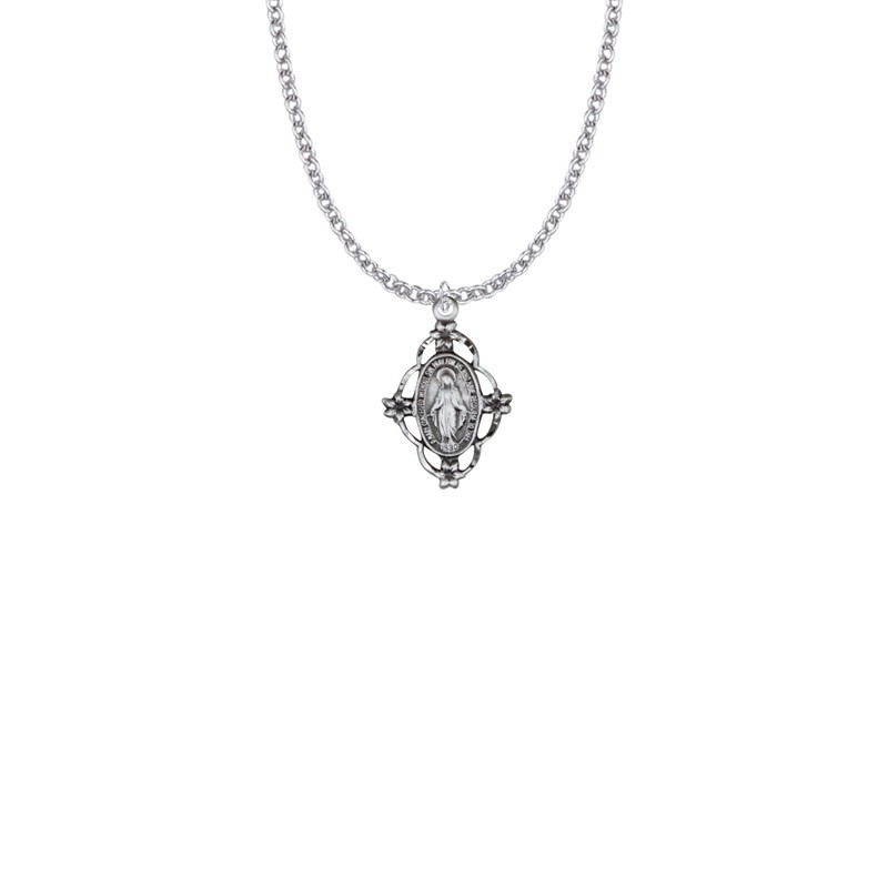925 Sterling Silver Filigree Miraculous Flower Medal Mary Pendant Necklace