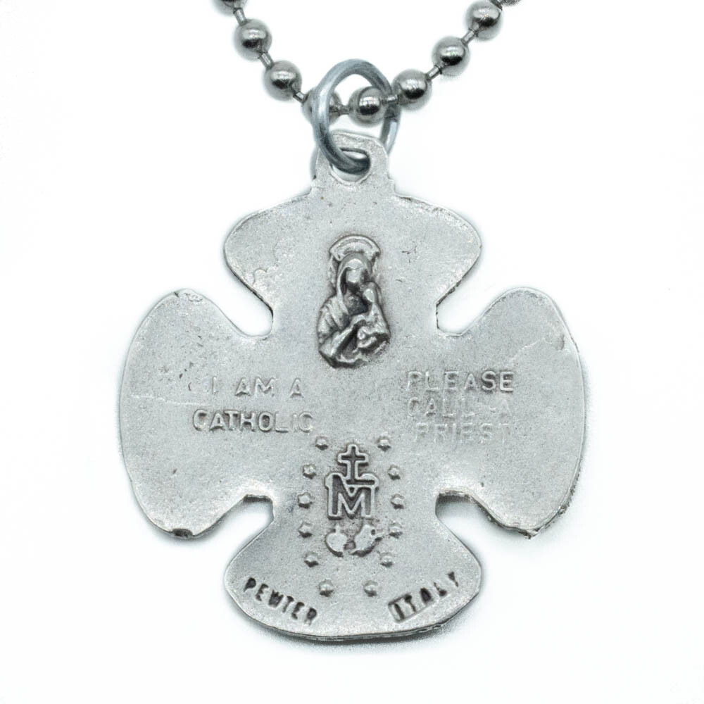 Four Way Catholic Cross Jesus 4-Way Medal Pendant Necklace Pewter Made In Italy
