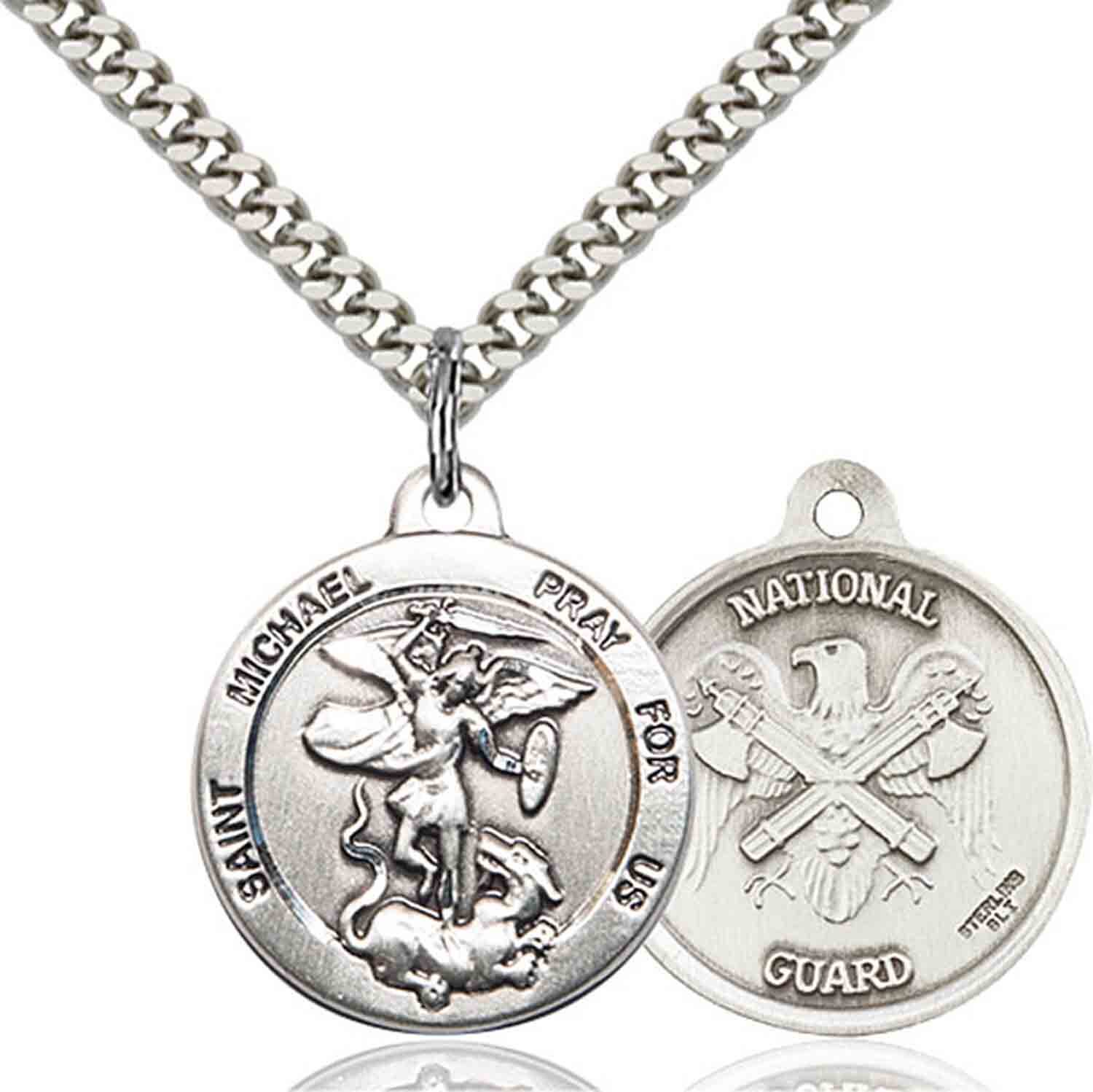 Pewter Saint Michael National Guard Medal Pendant Necklace 24″ Chain GiftBox