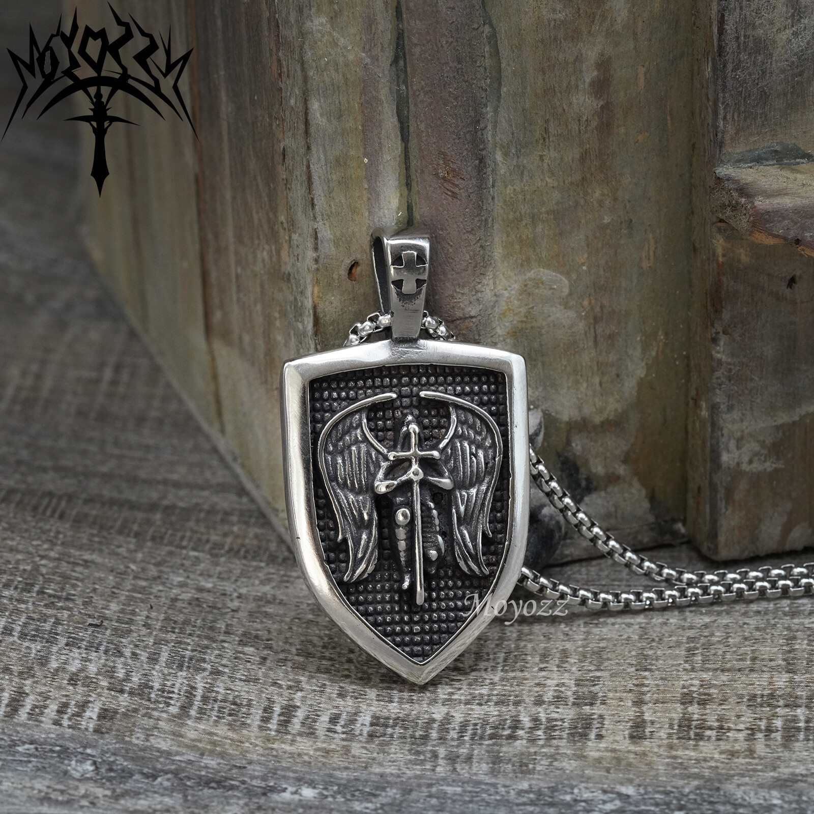 Archangel Saint St Michael Medal Shield Pendant Necklace Stainless Steel Chain