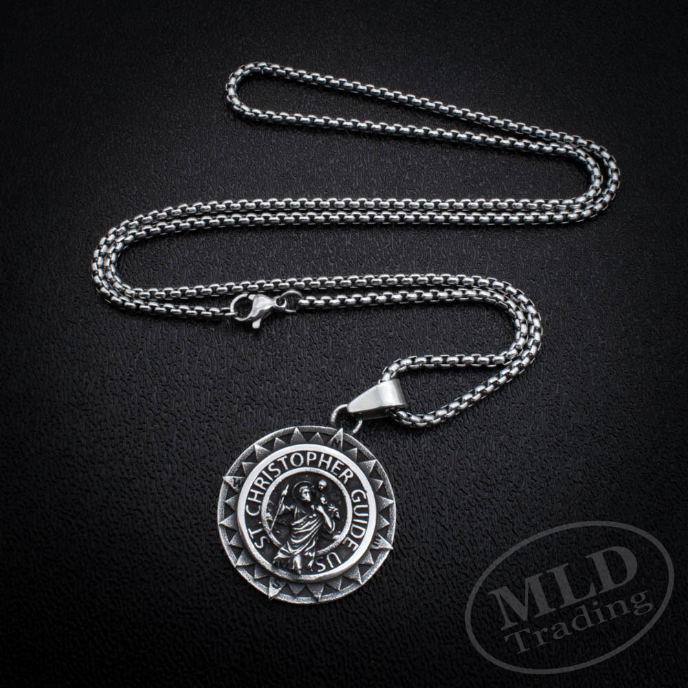 Saint St Christopher Medal Silver Stainless Steel Compass Style Pendant Necklace