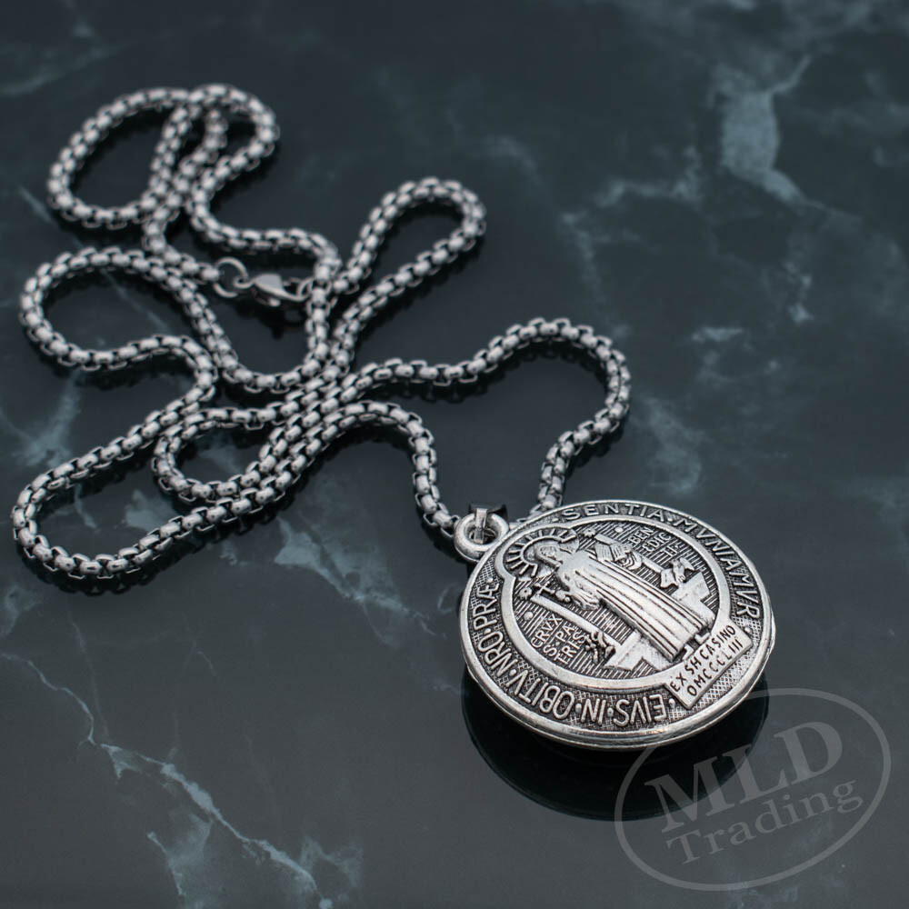 3D Saint St Benedict Medal Thick Pendant Necklace w 24″ Box Chain Silver Tone