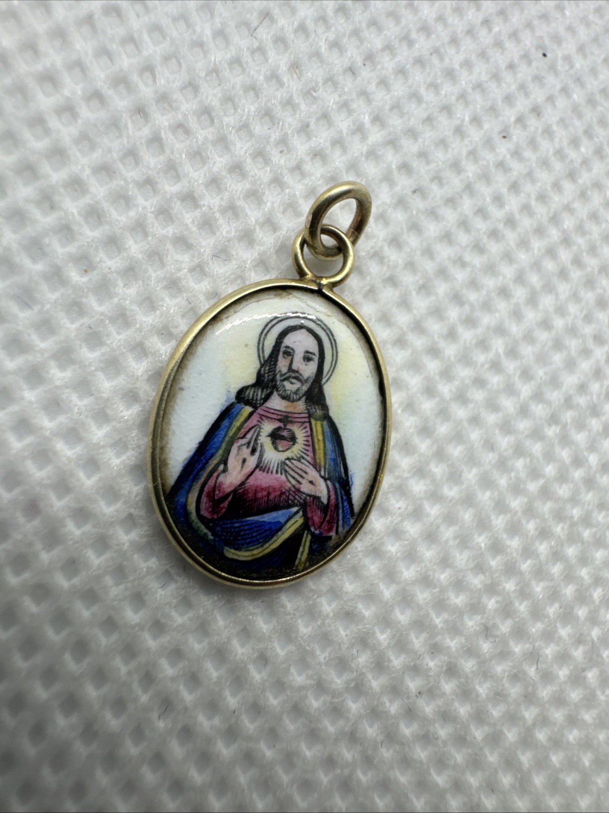 Vintage Sacred Heart of Jesus Sagrado Corazon Medal 14k Gold Pendant Enamel