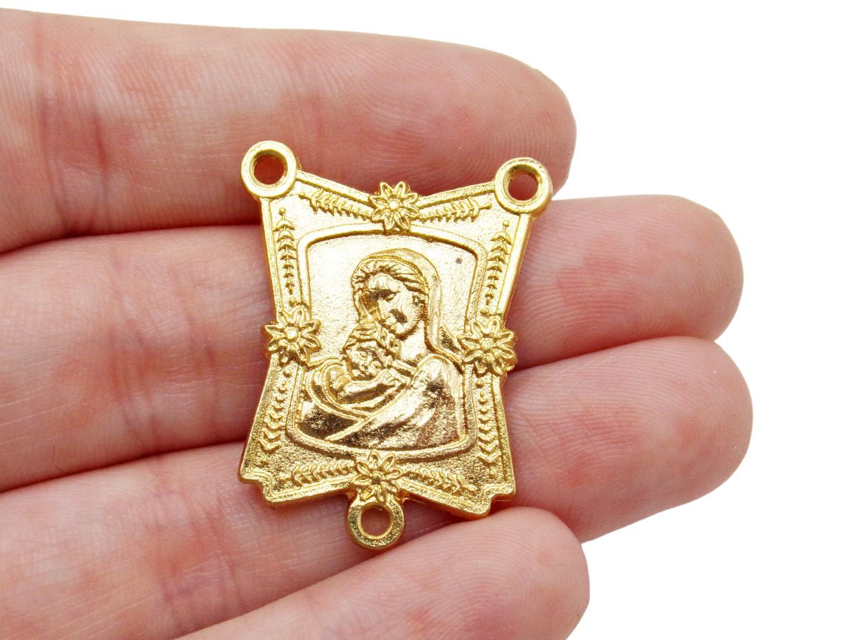 Gold Tone Lot of 3 Madonna and Child Flora Style Border Rosary Center 1.25 In