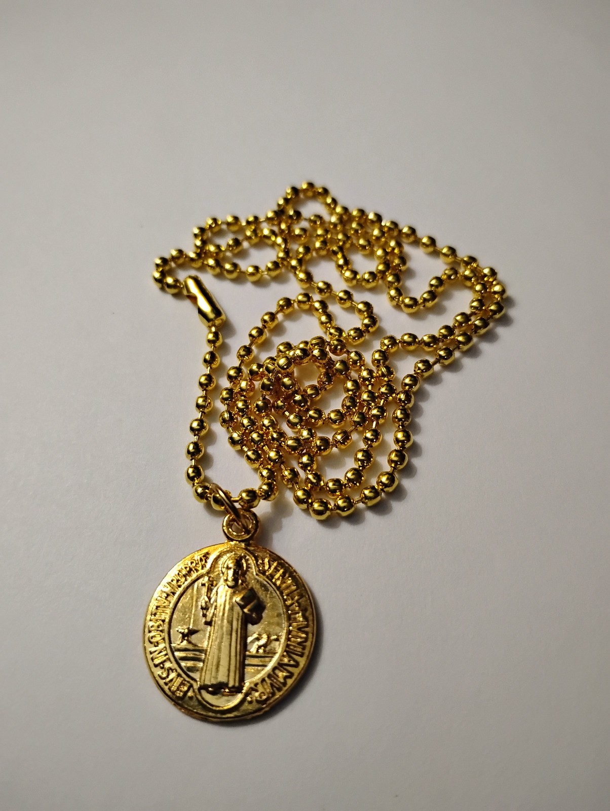 Gold St Benedict Medal Italy Necklace 24″ gold ball chain + prayer card