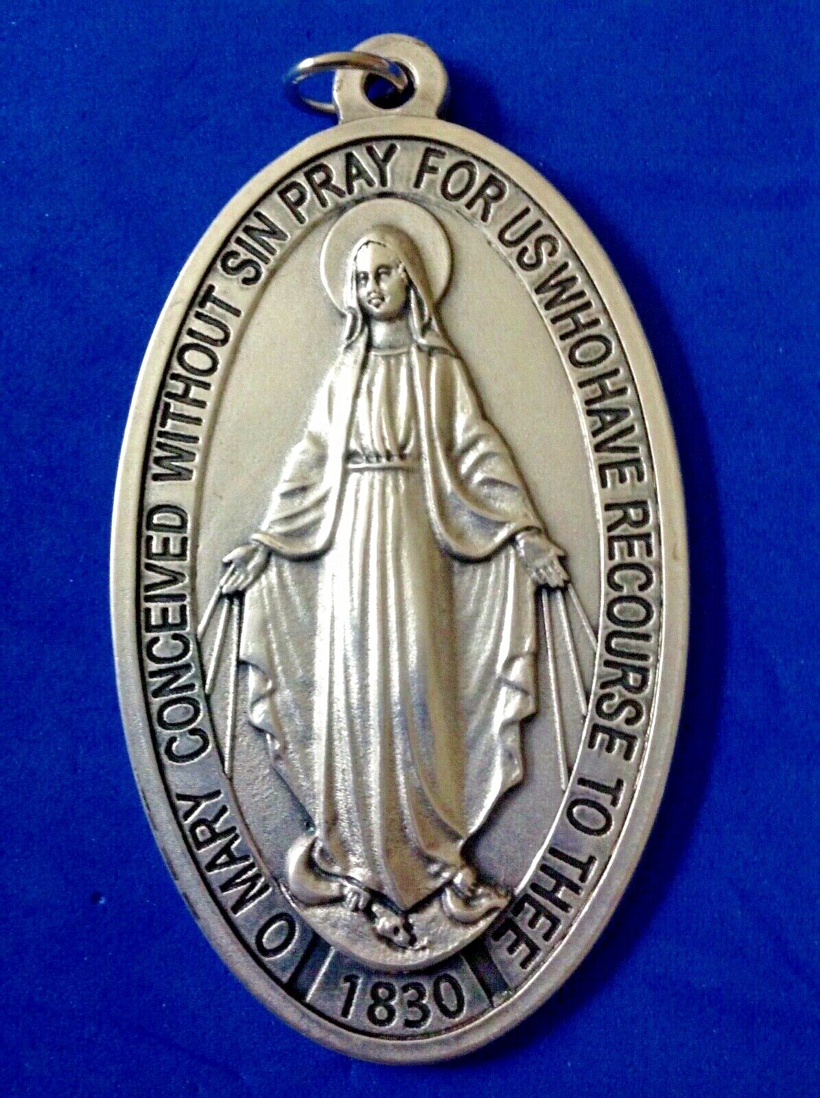 Large VIRGIN MARY MIRACULOUS Devotion Medal 3-1/2″ Saint Medal Italy Twin Hearts