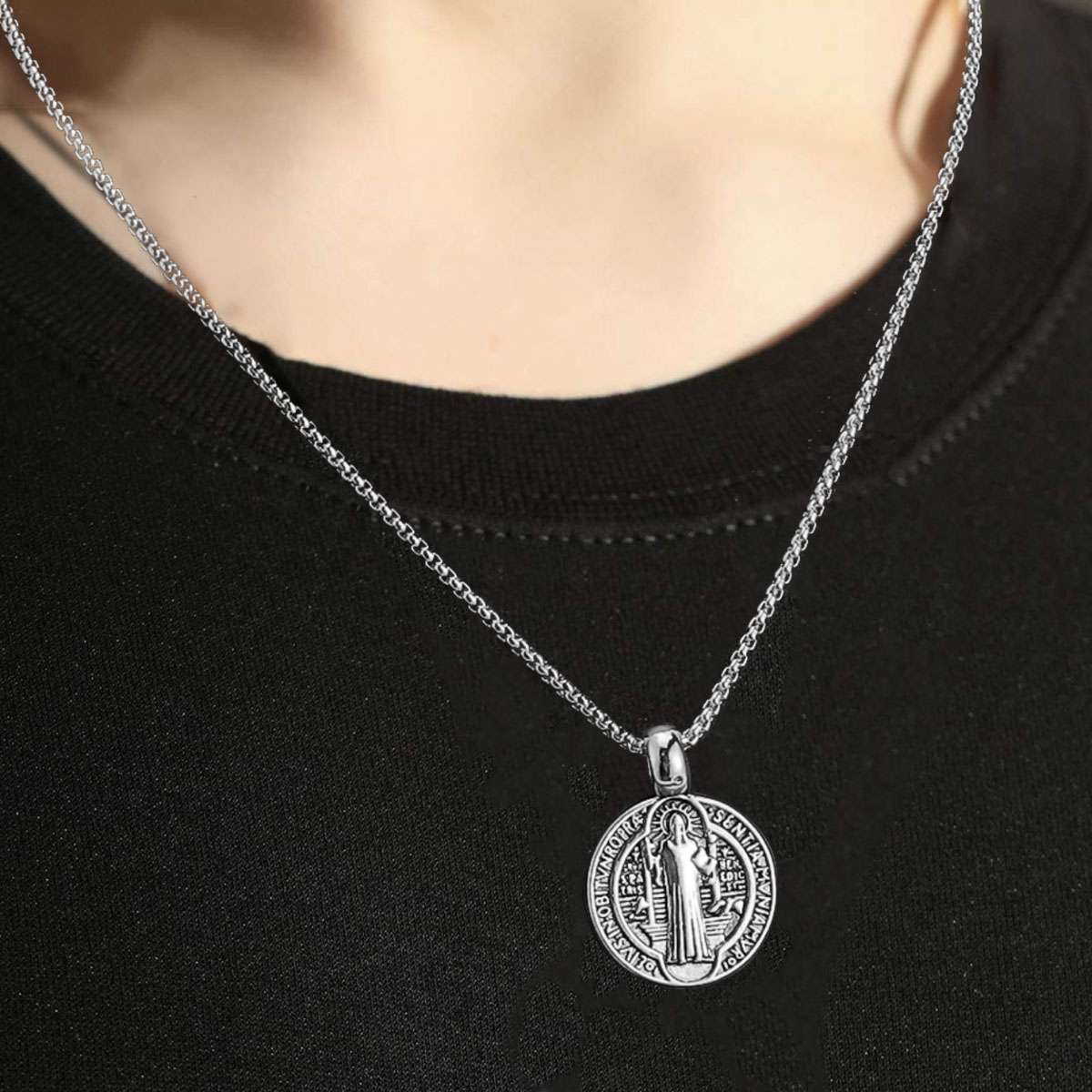 Saint St Benedict Medal Necklace Pendant Stainless Steel Crucifix Cross Exorcism