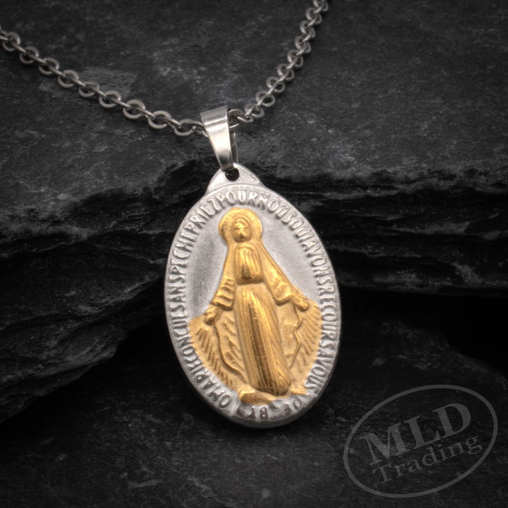 Silver & Gold Miraculous Medal Necklace – Stainless Steel Pendant 18″+2″ Chain
