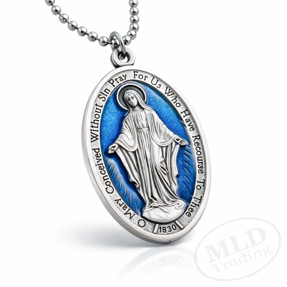 Large Blue Miraculous Medal Pendant Necklace – Made in Italy – 24” Ball Chain
