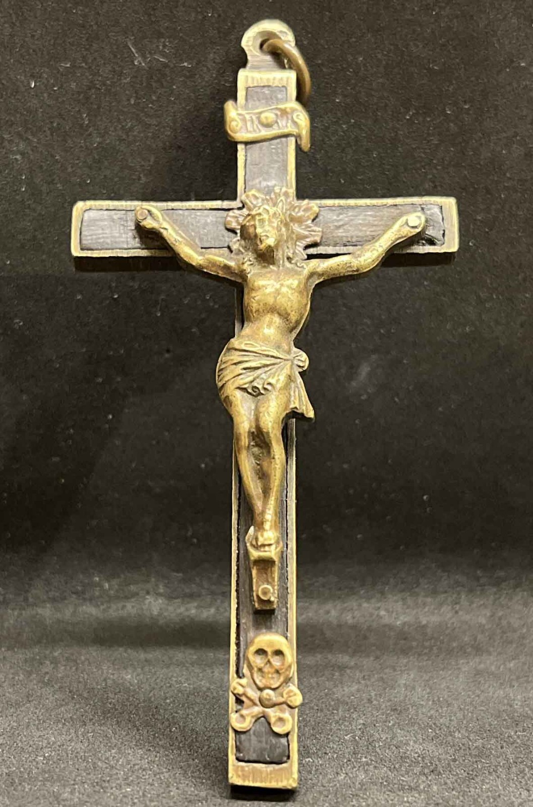 Super antique 1880´ pectoral nun cross Jesus Crucifix bronze INRI Skull & Bones
