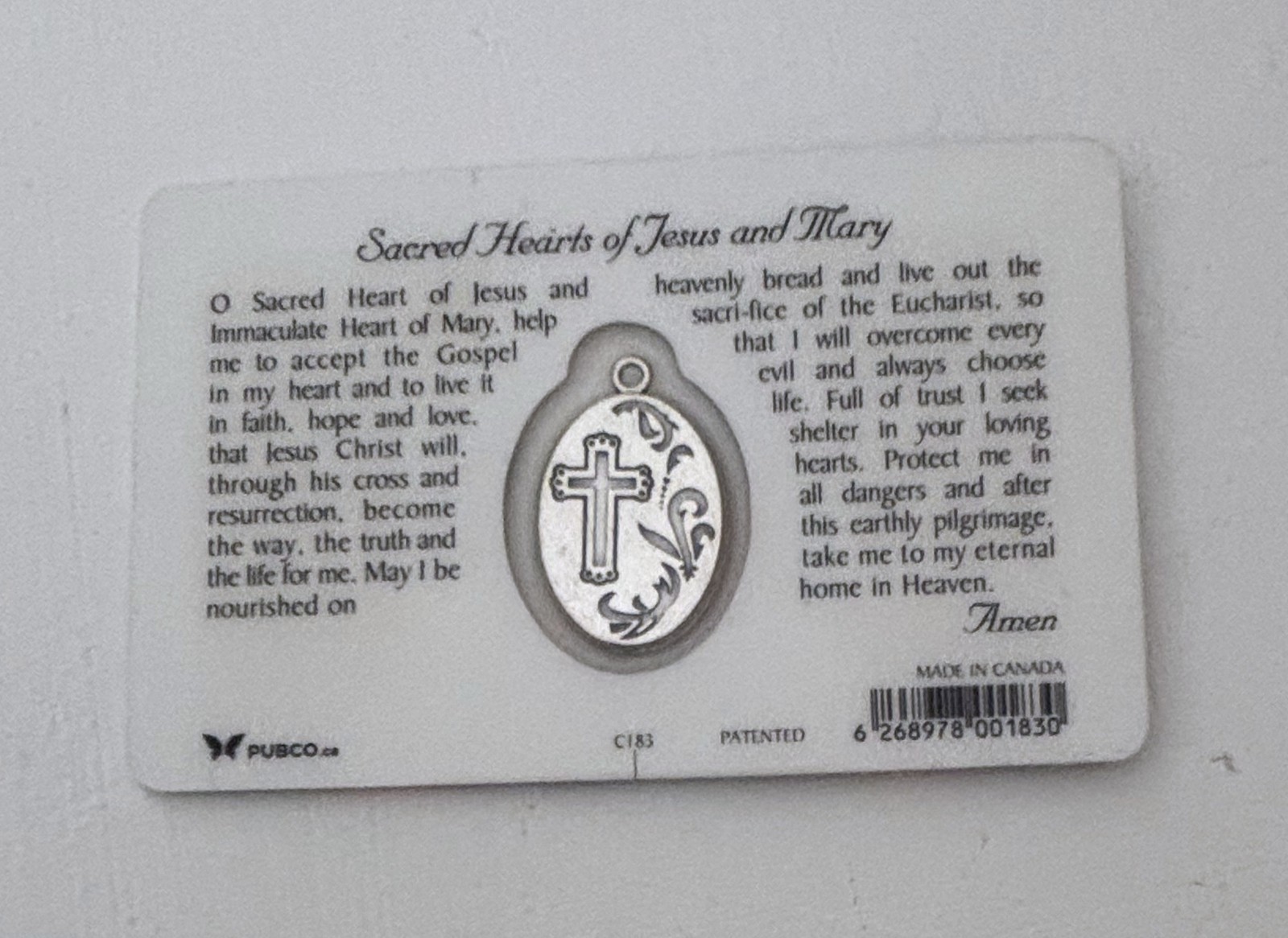 Plastic Sacred Hearts of Jesus and Mary Wallet Prayer Card w/ Medal