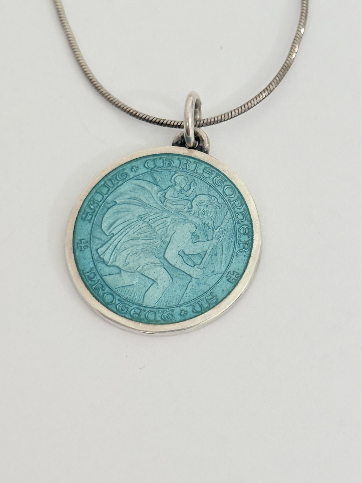 Charles Thomae St Christopher Sterling Silver Blue Enamel Medal Pendant Necklace