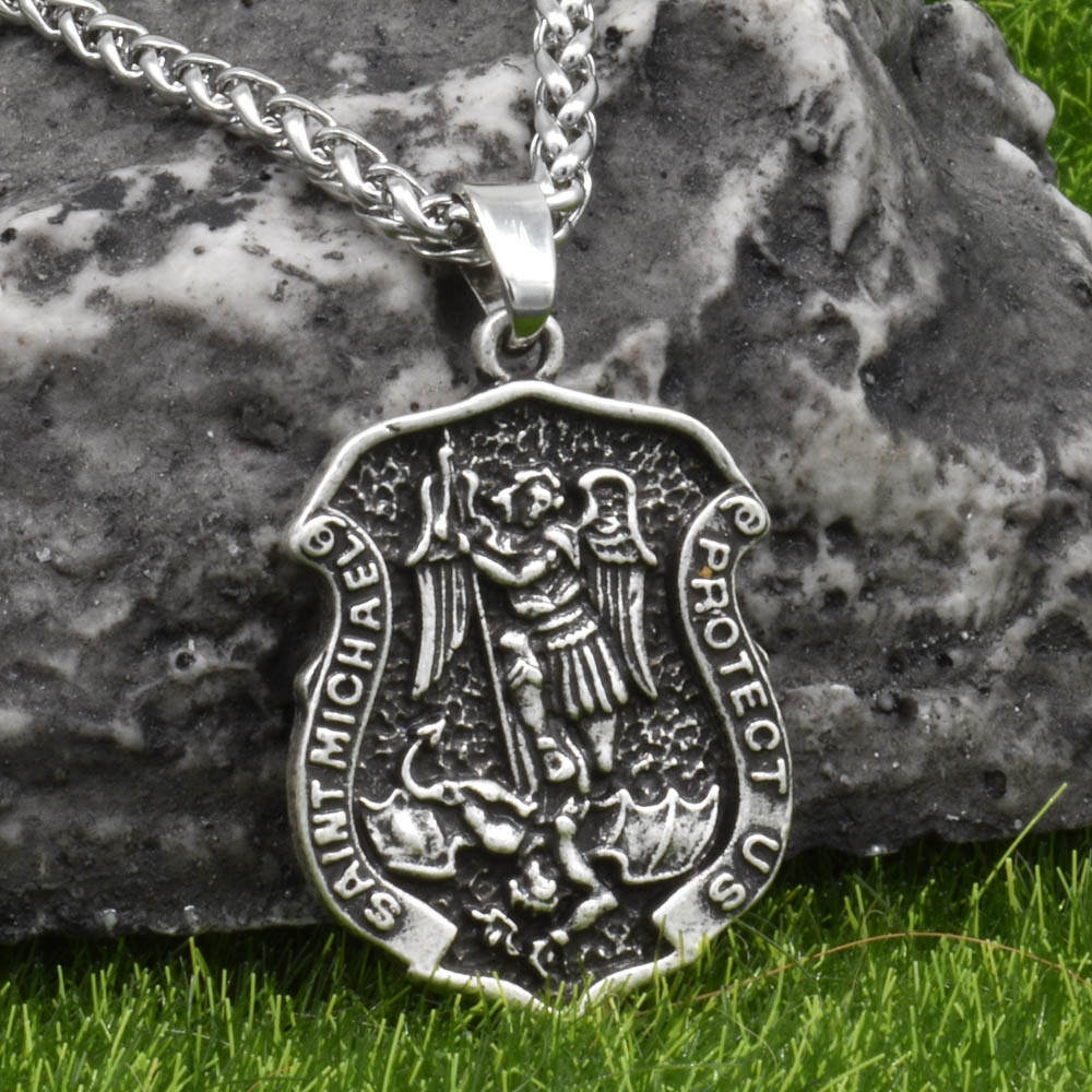 Archangel Saint St Michael Protect Us Medal Shield Pendant Necklace w 20″ Chain