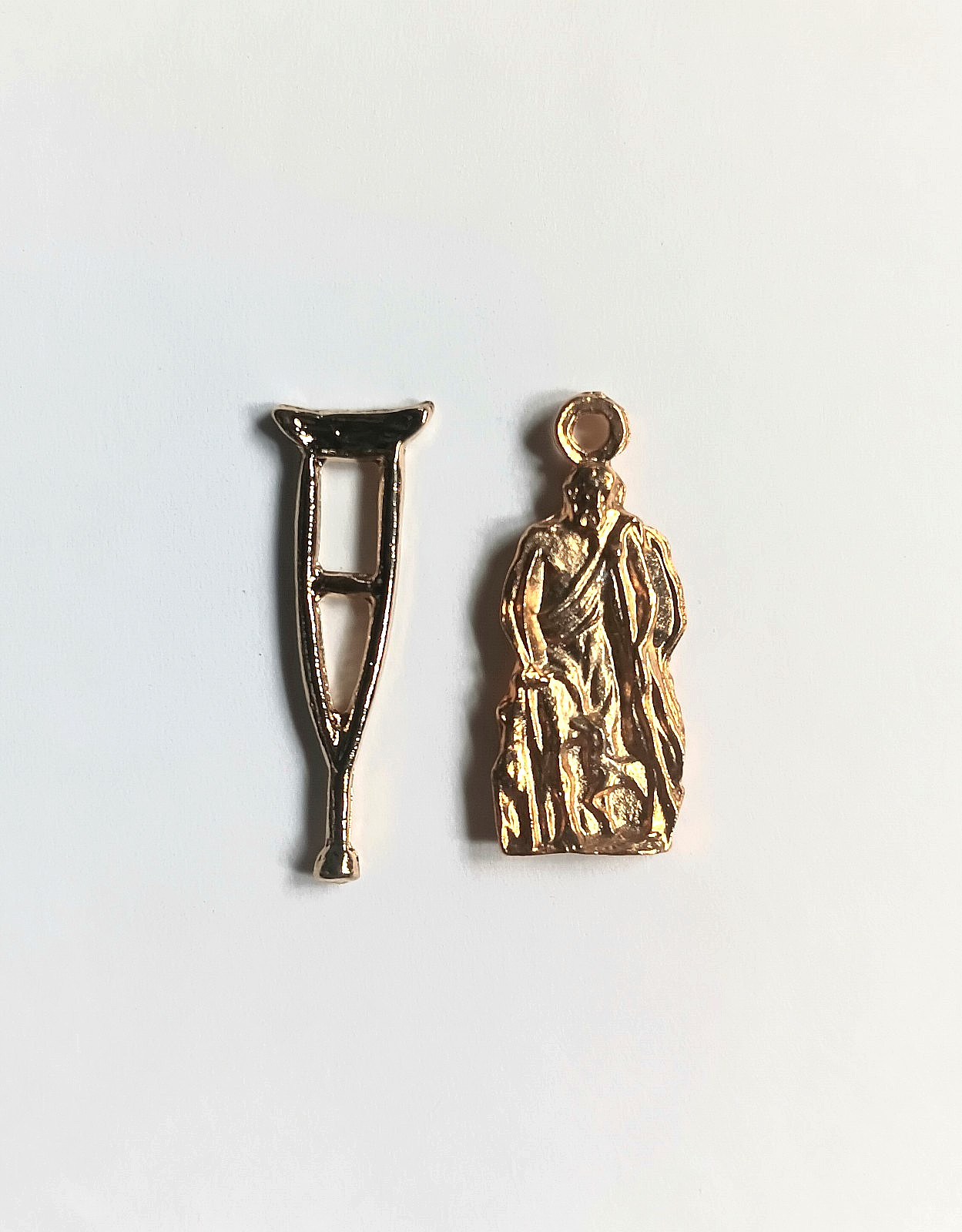 Saint Lazarus A Crutch & A Medal Charm 14K Gold Plated Religious Catholic