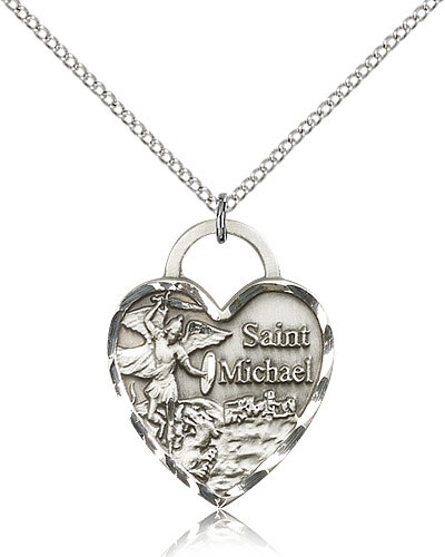Saint Michael The Archangel Medal Heart For Women Sterling Silver Necklace 18