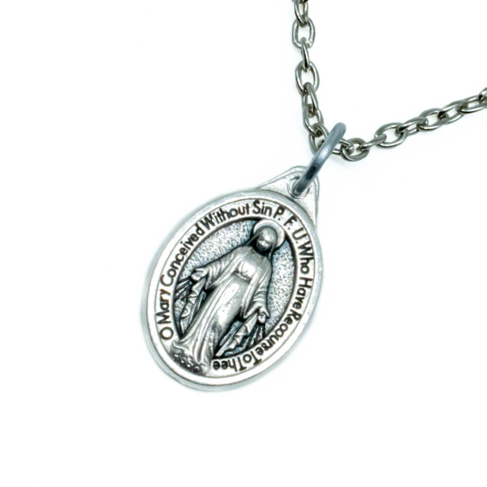Small 3/4″ Miraculous Medal Virgin Mary Pendant Necklace Italy w 24″ Link Chain