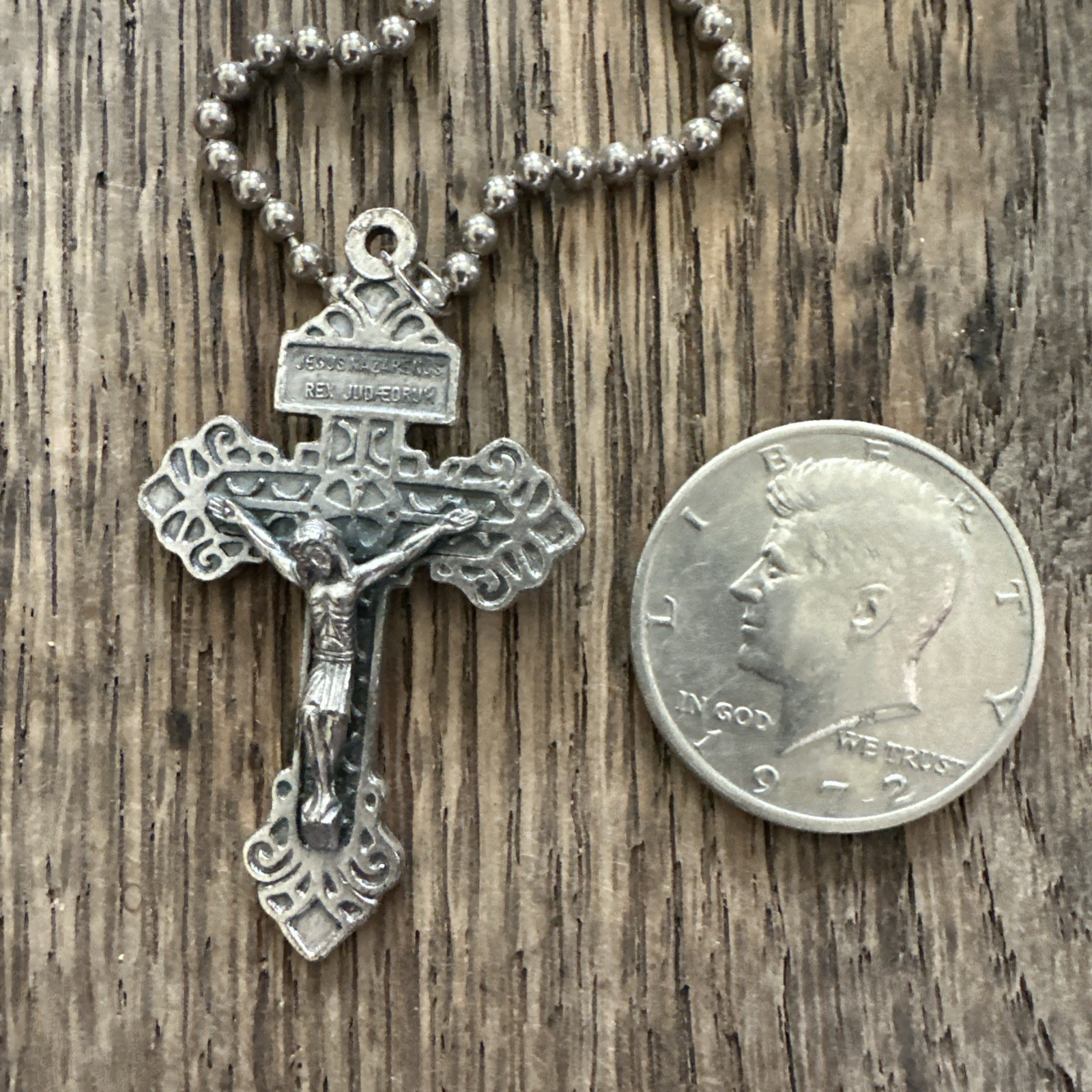 Silver Tone Pardon Crucifix Cross on 23″ Ball Chain Necklace
