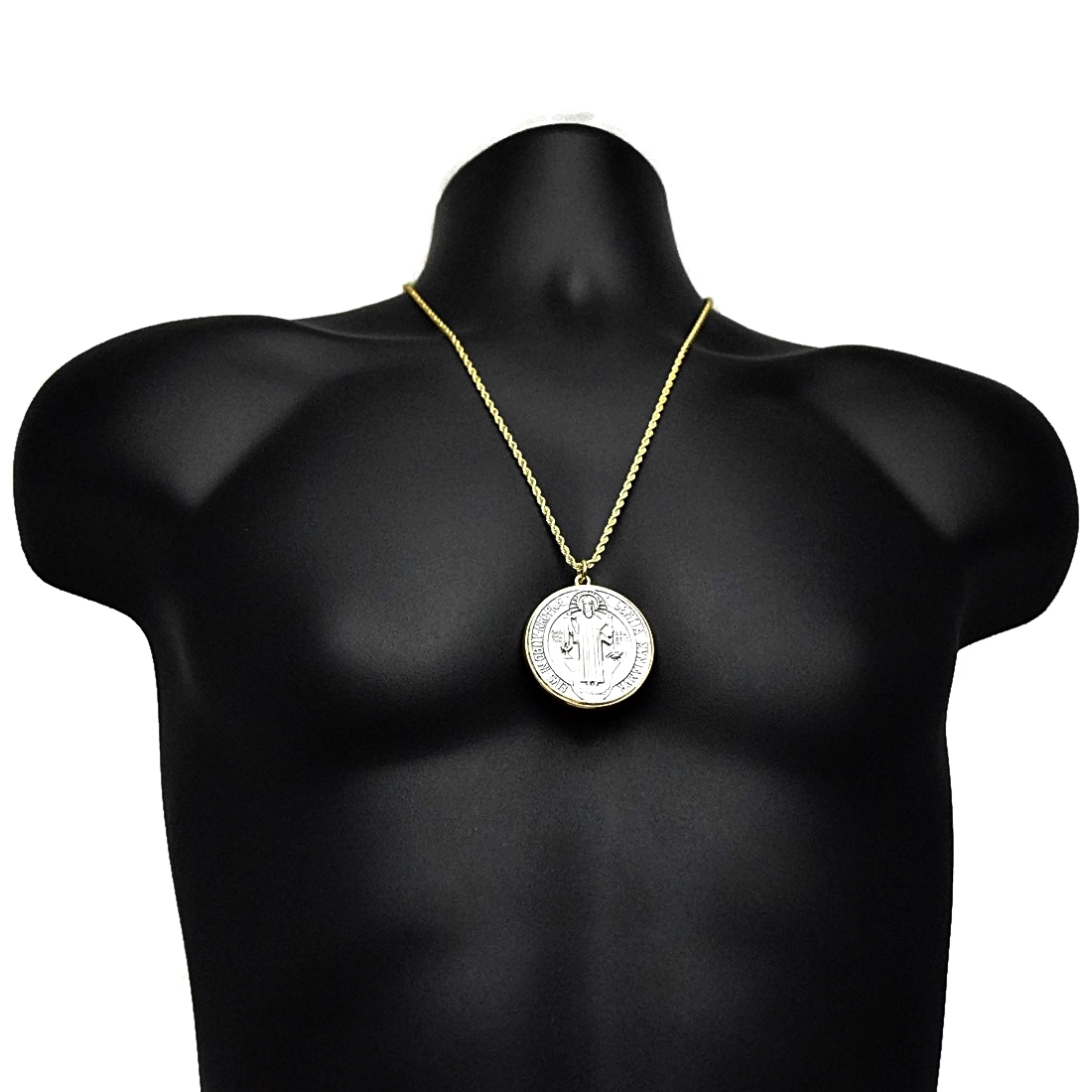Medalla De San Benito 48mm Medal St Benedict Pendant Gold Plated Rope Chain 24″
