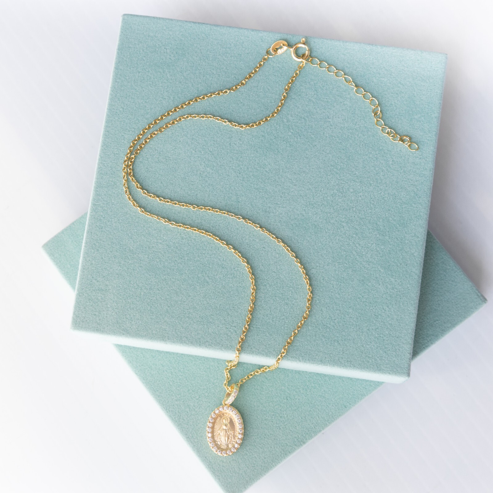 Miraculous Medal 14k Gold over Silver Virgin Mother Mary Pendent Necklace cz set